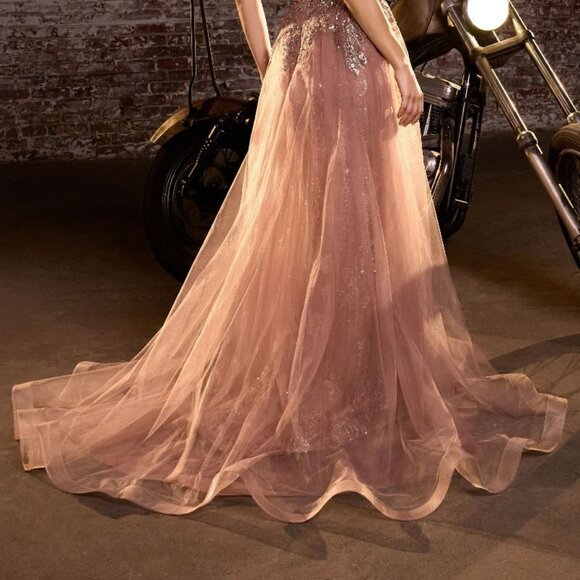 New One Shoulder Refined A-Line Gown w/ Sequins Embroidery & Overskirt CD J869 - Picture 9 of 9